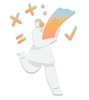 cartoon image of a person dressed in white running with math symbols around her